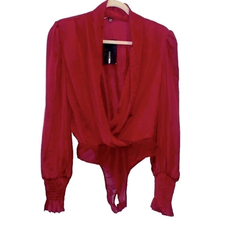 Fashion Nova Deep Red Puff Sleeve Criss Cross Done With Your Issues Bodysuit M